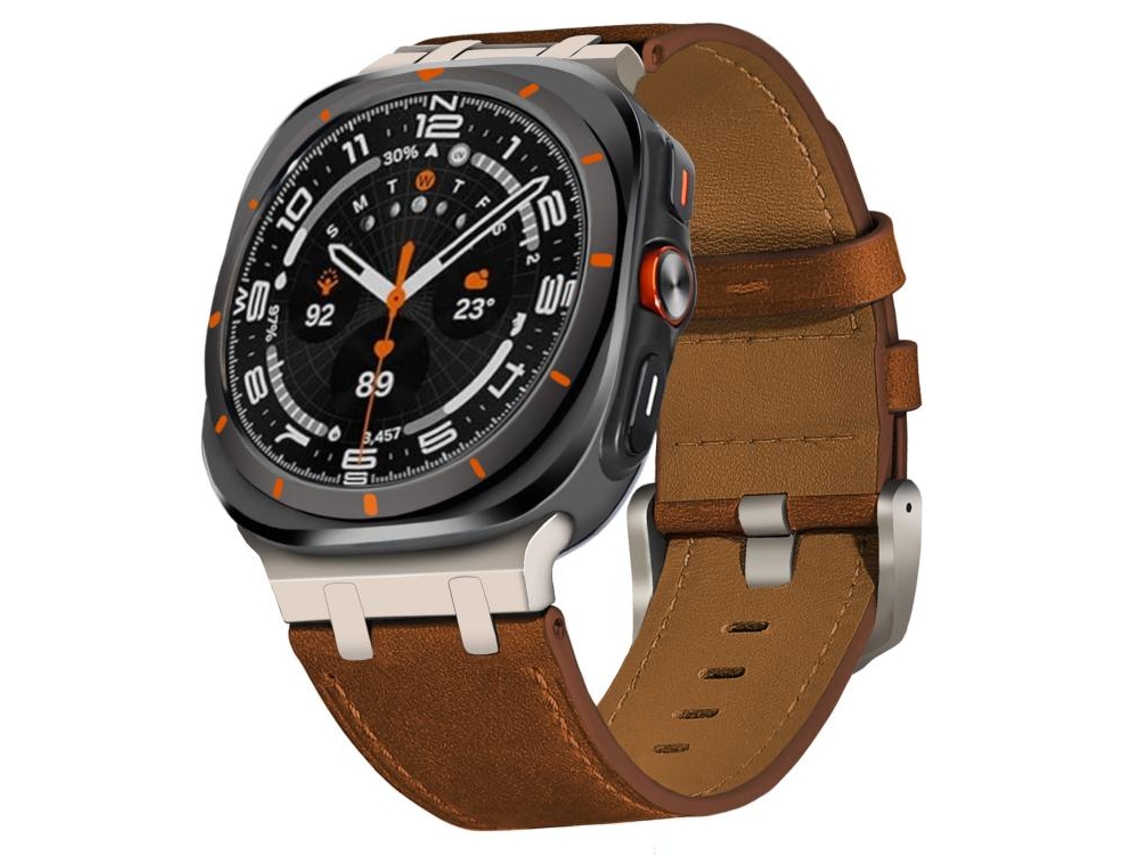 Bracelete Para Samsung Galaxy Watch Ultra - Couro Crazy Horse (47mm) - Vermelho, Marrom + Fivela De Titânio