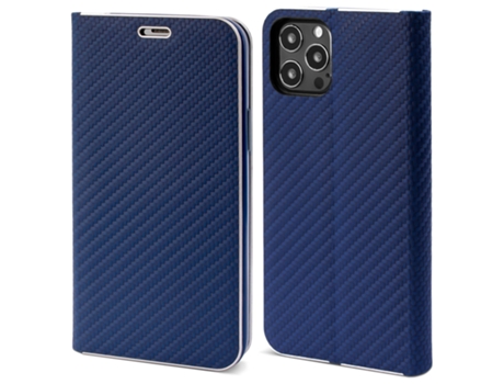 Funda tipo cartera MOOZY para iPhone 13 Pro Max en carbono azul oscuro - Funda tipo flip con diseño de borde metálico y cierre magnético con soport...