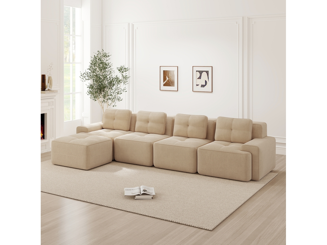 Sofá modular de 4 plazas con chaise longue larga, asiento profundo, cómodo, antideslizante, beige MOBRIO