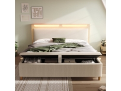 Cama Doble 160x200 Cm - Con Banco De Almacenamiento, Cabecero Con Almacenamiento, Iluminación Led, Respaldo De Terciopelo Beige - Roble Claro