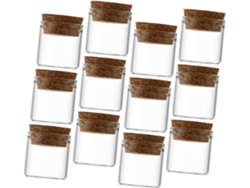 Juego de 12 botellas de vidrio vacías con tapones de madera, ideales para almacenamiento.