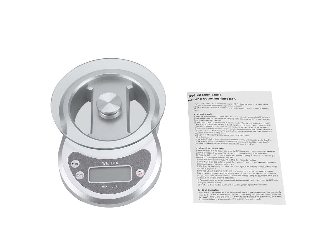 Báscula de cocina digital electrónica de precisión de 5 kg/1 g con bandeja de vidrio para pesar alimentos y usar en horno (plateada)