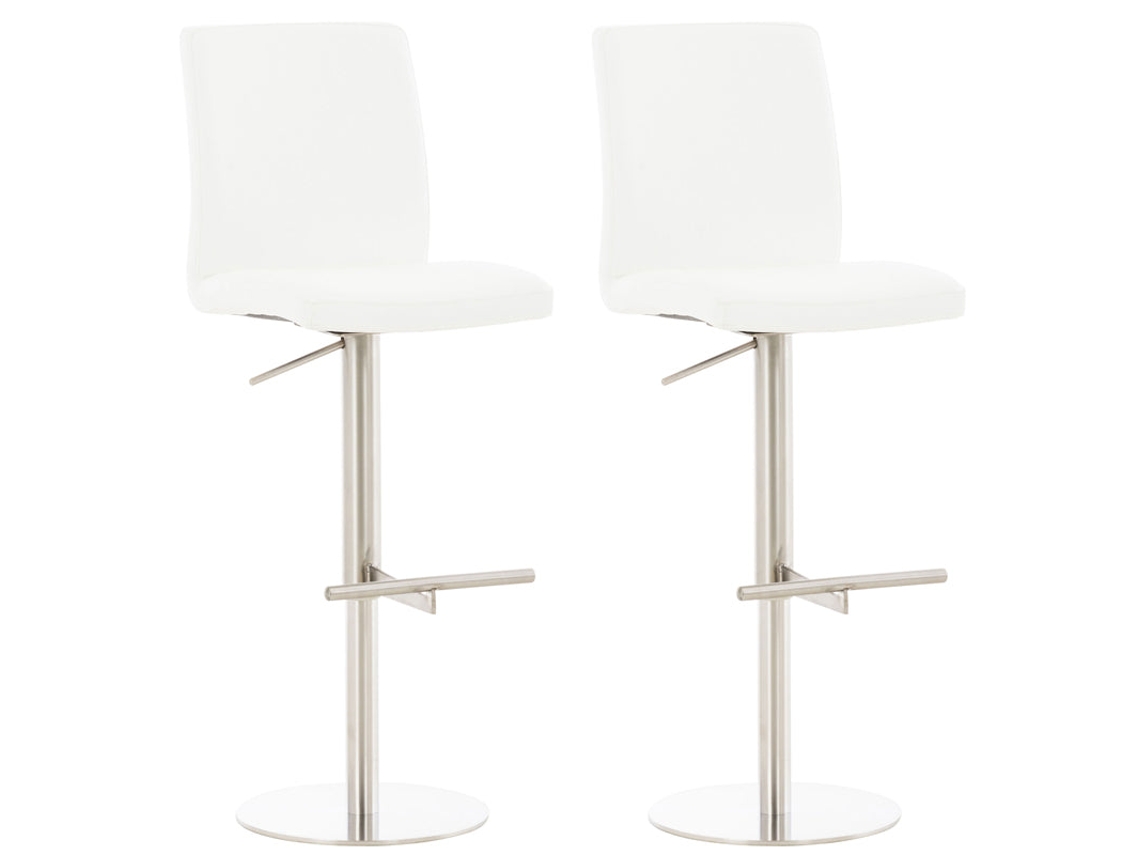 Juego de 2 taburetes de bar con reposapiés y respaldo, asiento de piel sintética blanca, estructura de acero inoxidable 10_0006241