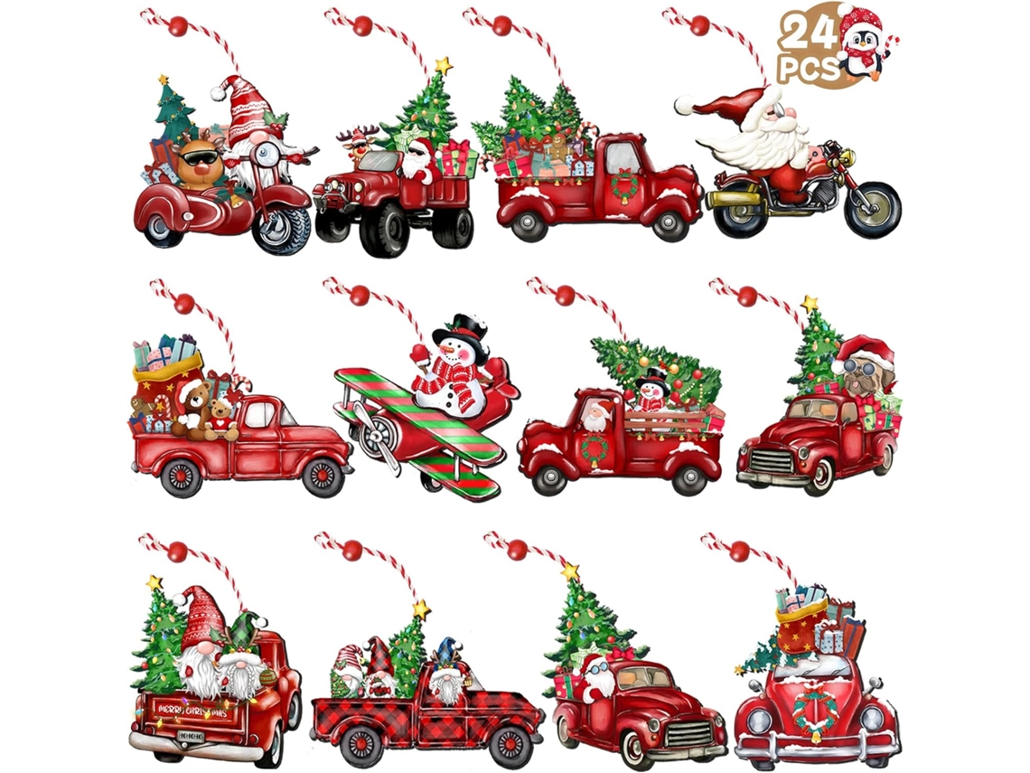 24 adornos de camiones rojos de madera – Decoraciones para el árbol de Navidad