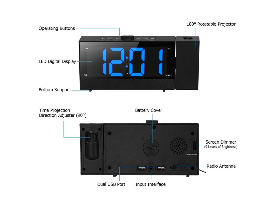 Despertador Digital 3 En 1 Con Proyector, Radio Fm Y Cargador Usb Para Dormitorio.