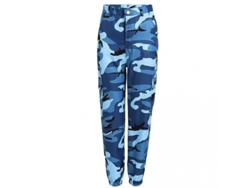 Pantalones cargo Rebe para mujer, estampado de camuflaje, estilo hip hop, con bolsillos grandes y corte que realza las caderas, talla mediana, color azul.
