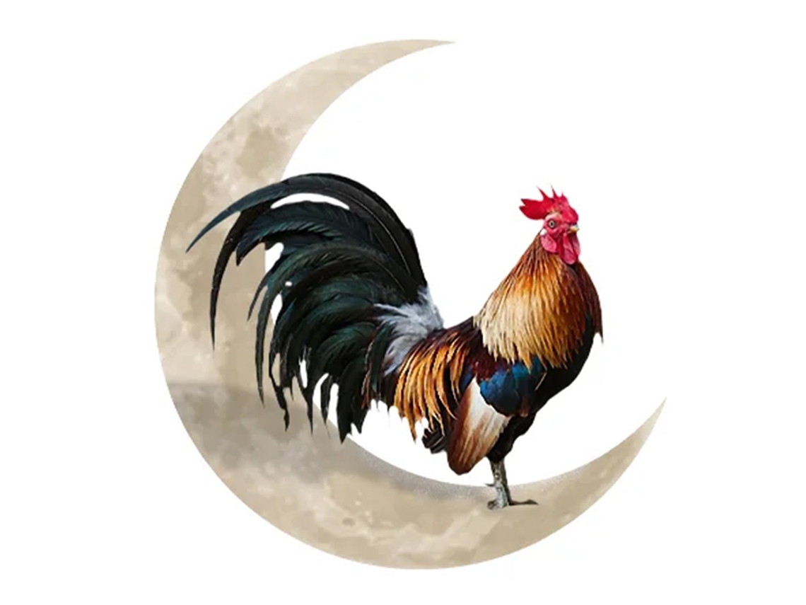 Decoración de pared de metal con gallo y luna