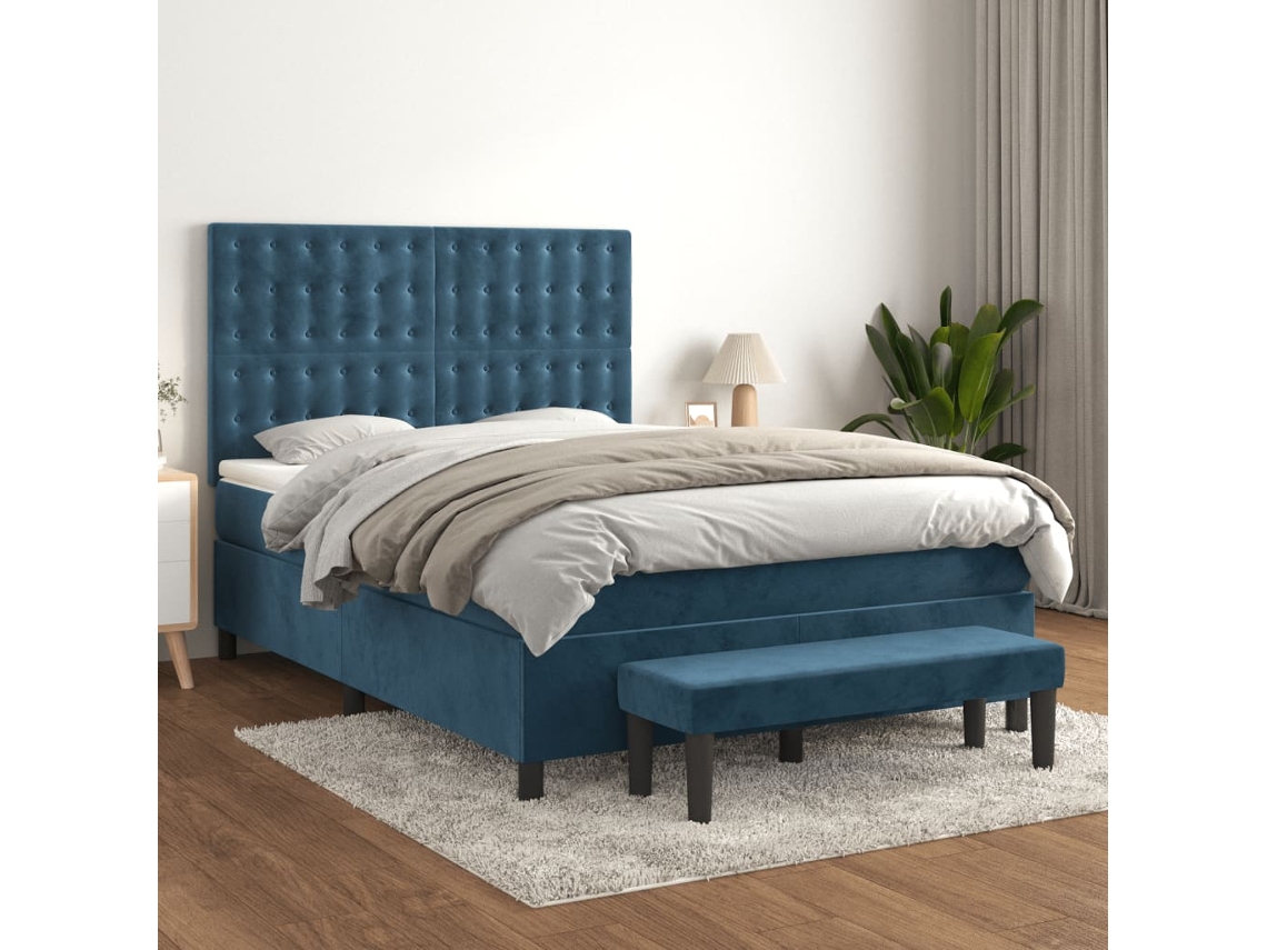 Cama Box Spring Con Colchón Terciopelo Azul Oscuro 140x190 Cm