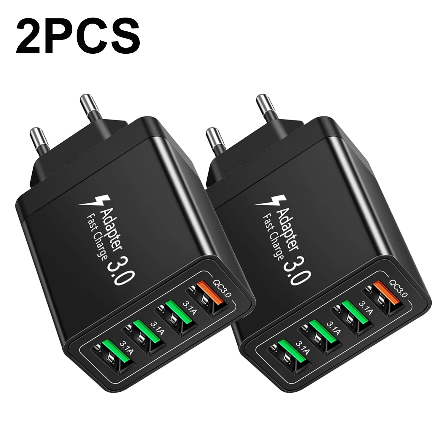 (paquete De 2 Unidades, Estándar Europeo, Negro) Paquete De 2 Cargadores De Pared Usb De 4 Puertos Con Enchufe Estándar Europeo, Adaptador De Carga Rápida Qc3.0 De 40 W