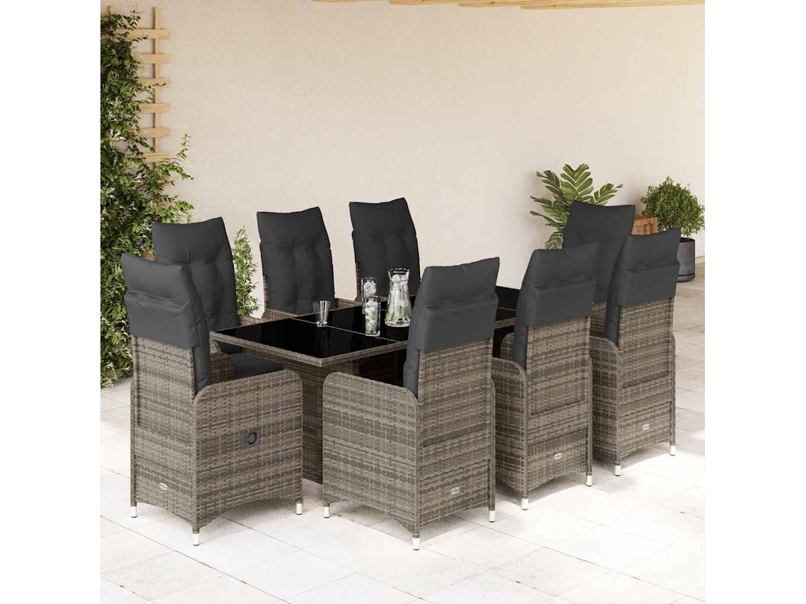 Conjunto de bistró de jardín de 9 piezas con cojines de mimbre gris de DKD Home Decor