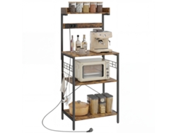 Prateleira de Cozinha com 2 Tomadas, Suporte para Microondas, Ajustável, Ganchos, 60x42x137 Cm, Marrom Rústico, ZENCORE SERVICES