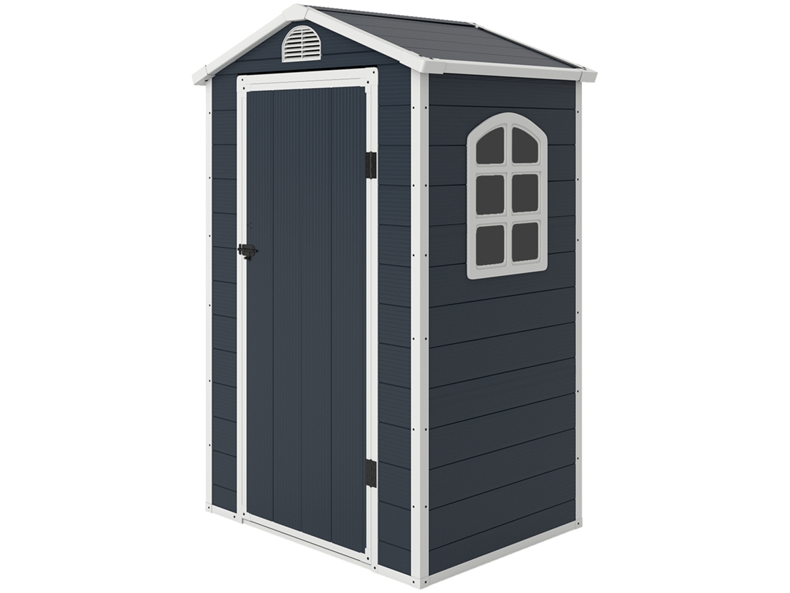 Casita de juegos para jardín de 1,1 m², de plástico, con techo inclinado, 134 x 104 x 204 cm, ventilación, color gris oscuro.