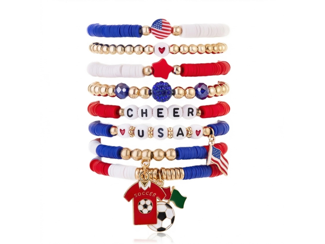 Conjunto de 7 u 8 pulseras elásticas de fútbol para mujer con dijes, accesorio para aficionados.