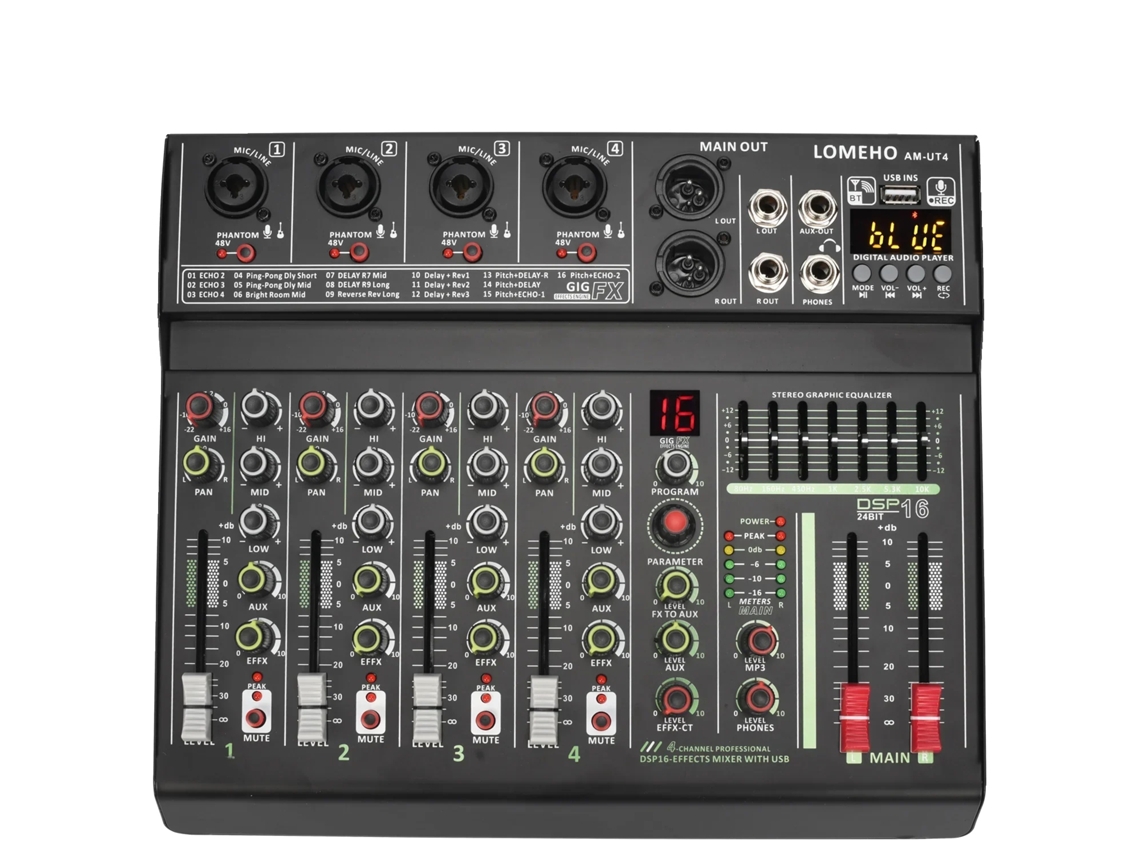 Mezclador de audio, 4 canales, Bluetooth, enchufe UE OEM