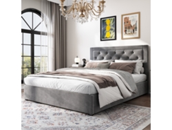 Cama con arcón de 140x200cm en terciopelo, elevable a izquierda y derecha, color gris Mobrio