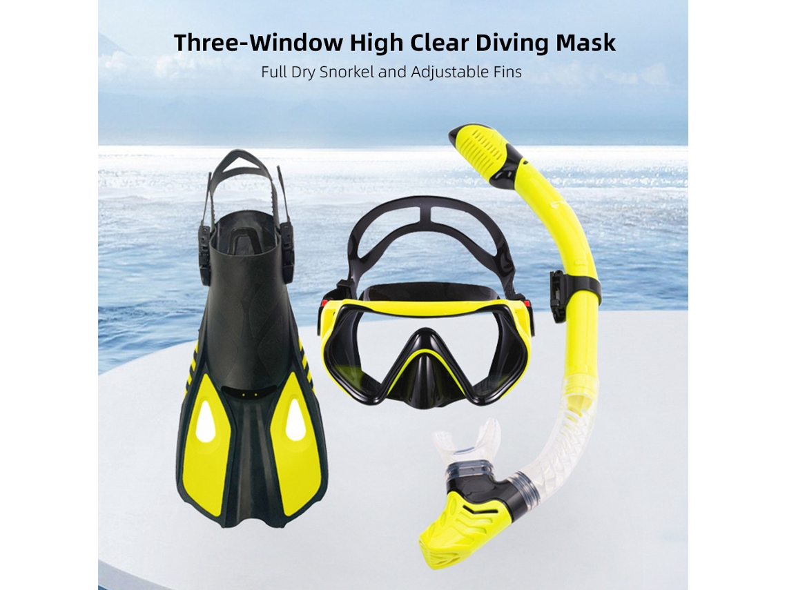Máscara De Buceo De Tres Ventanas Con Tubo De Snorkel, Sistema De Secado Y Aletas Ajustables Para Equipos De Buceo Y Snorkel.