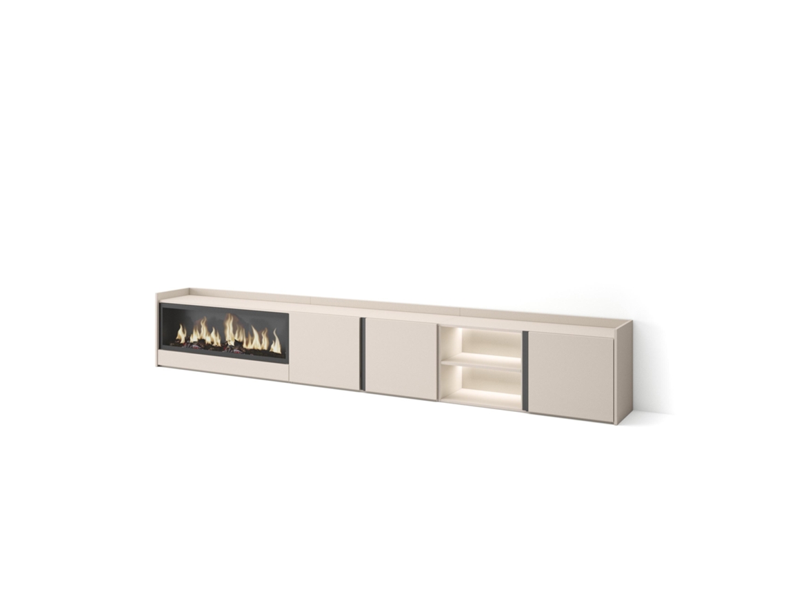 Mueble Tv, Televisión, 315x35x50cm, Para Tv Hasta 80", Chimenea Eléctrica Xxl, Led, Beige