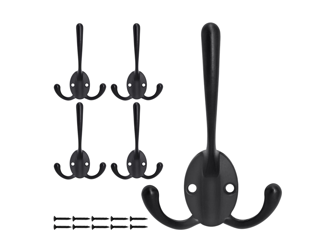 Paquete de 5 perchas, perchas dobles de pared de alta resistencia, perchas utilitarias de acero inoxidable negro (negro)