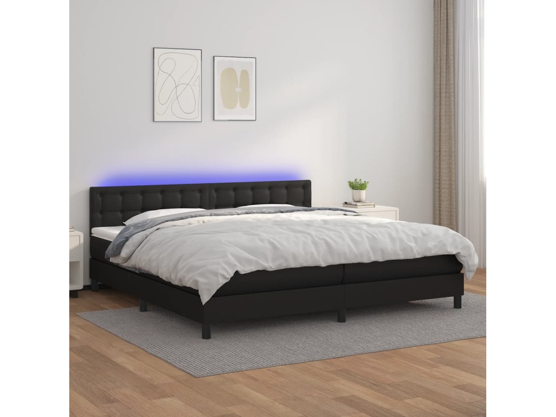 Cama Box Spring Colchón Y Led Cuero Sintético Negro 200x200 Cm