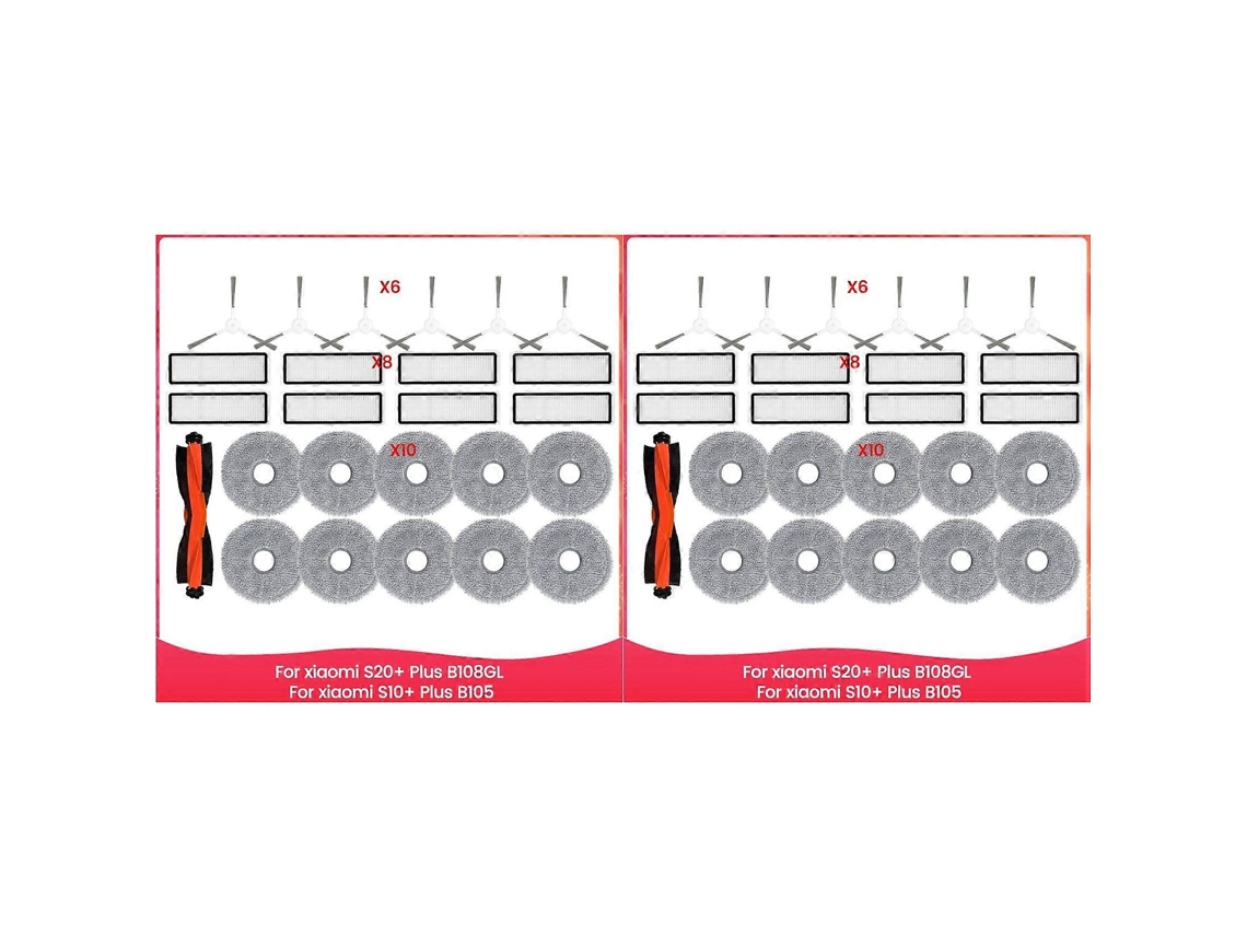 Conjunto de 2 peças para aspirador robô Xiaomi S20+ Plus B108gl / S10+ Plus B105: rolo principal, escova lateral, filtro HEPA e pano de limpeza.