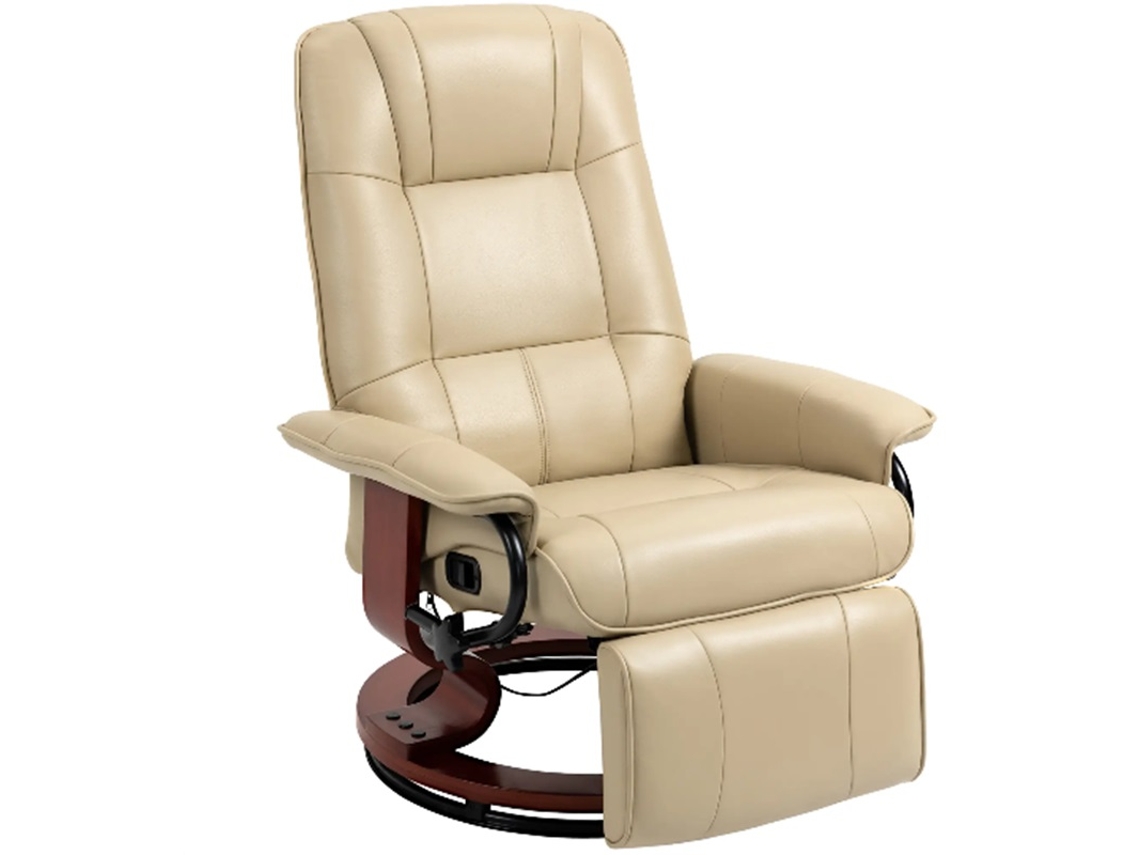 Sillón Reclinable Para Tv Con Patas De Madera Y Giro De 360°, Tapizado En Cuero Blanco Crema.