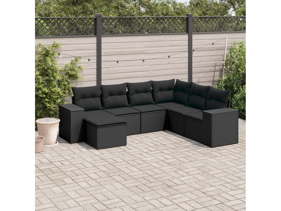 Conjunto de sofá de jardín de 7 piezas con cojines, ratán negro, Dkd Home Decor