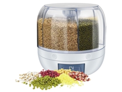 Dispensador de alimentos giratorio de 360° 2026 con recipiente transparente para arroz y granos.