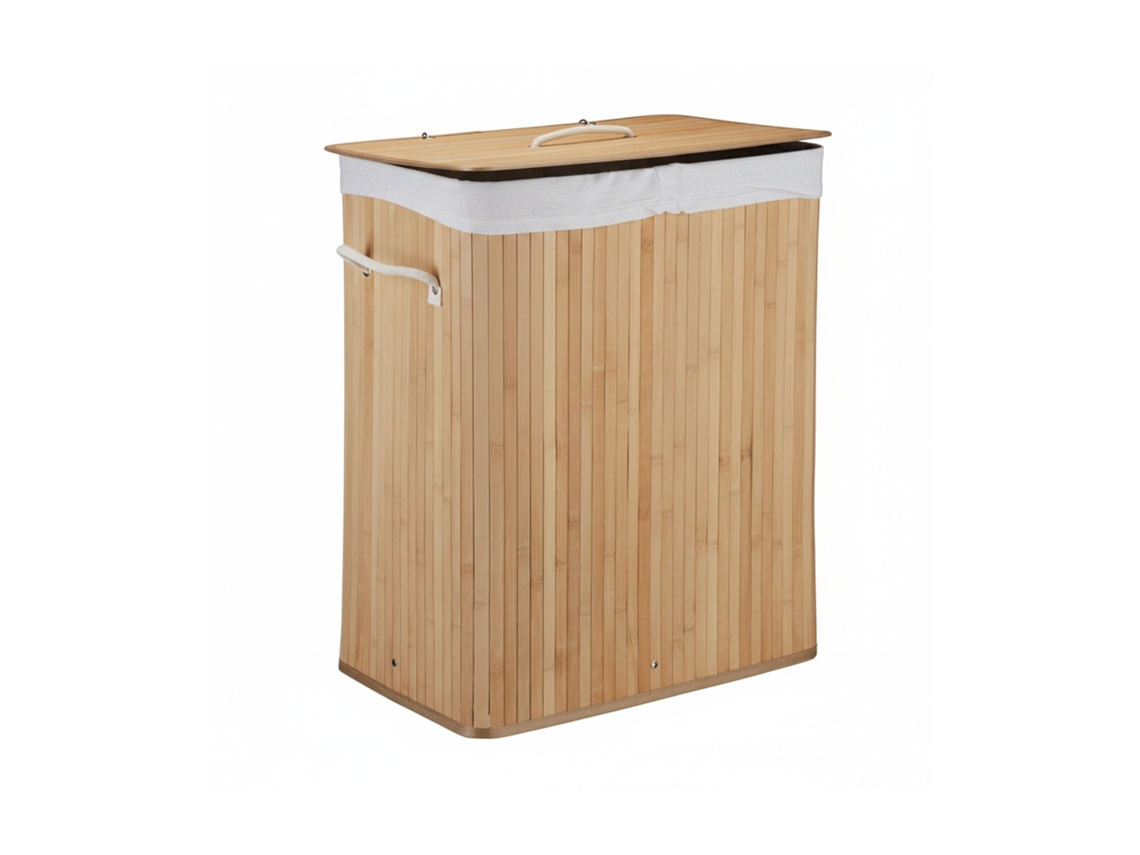 Relaxdays Cesto Ropa Sucia Con Tapa Y 2 Compartimentos, Cubo Colada Plegable, Canasta, Bambú, 95 L, Natural