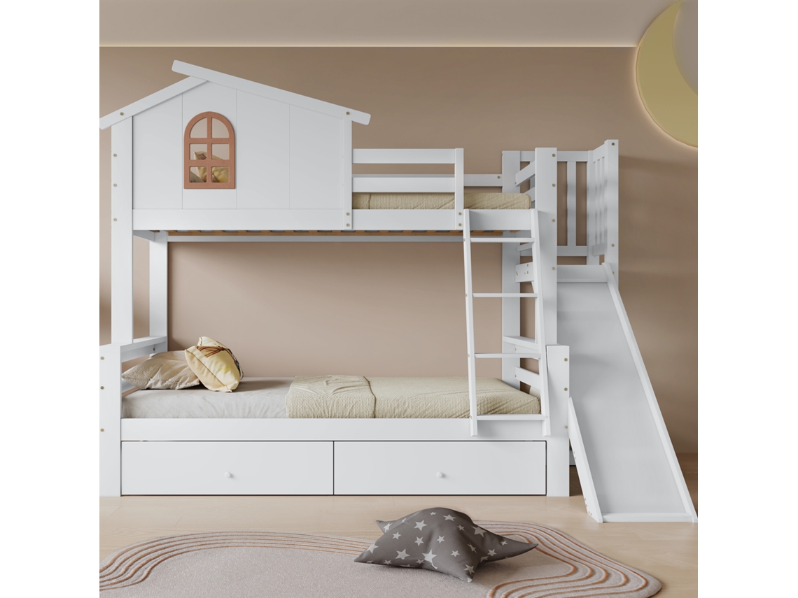 Litera de 90x200 cm y 120x200 cm con ventanas, escalera basculante, tobogán, 2 cajones, estructura de madera maciza, color blanco