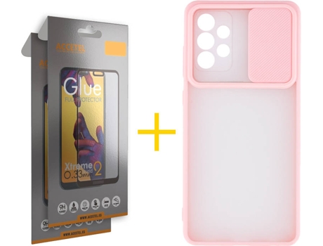Carcasa y 2 Protectores de Pantalla de Vidrio Full Samsung A72 5G ACCETEL Gel Protección Cámara Rosa