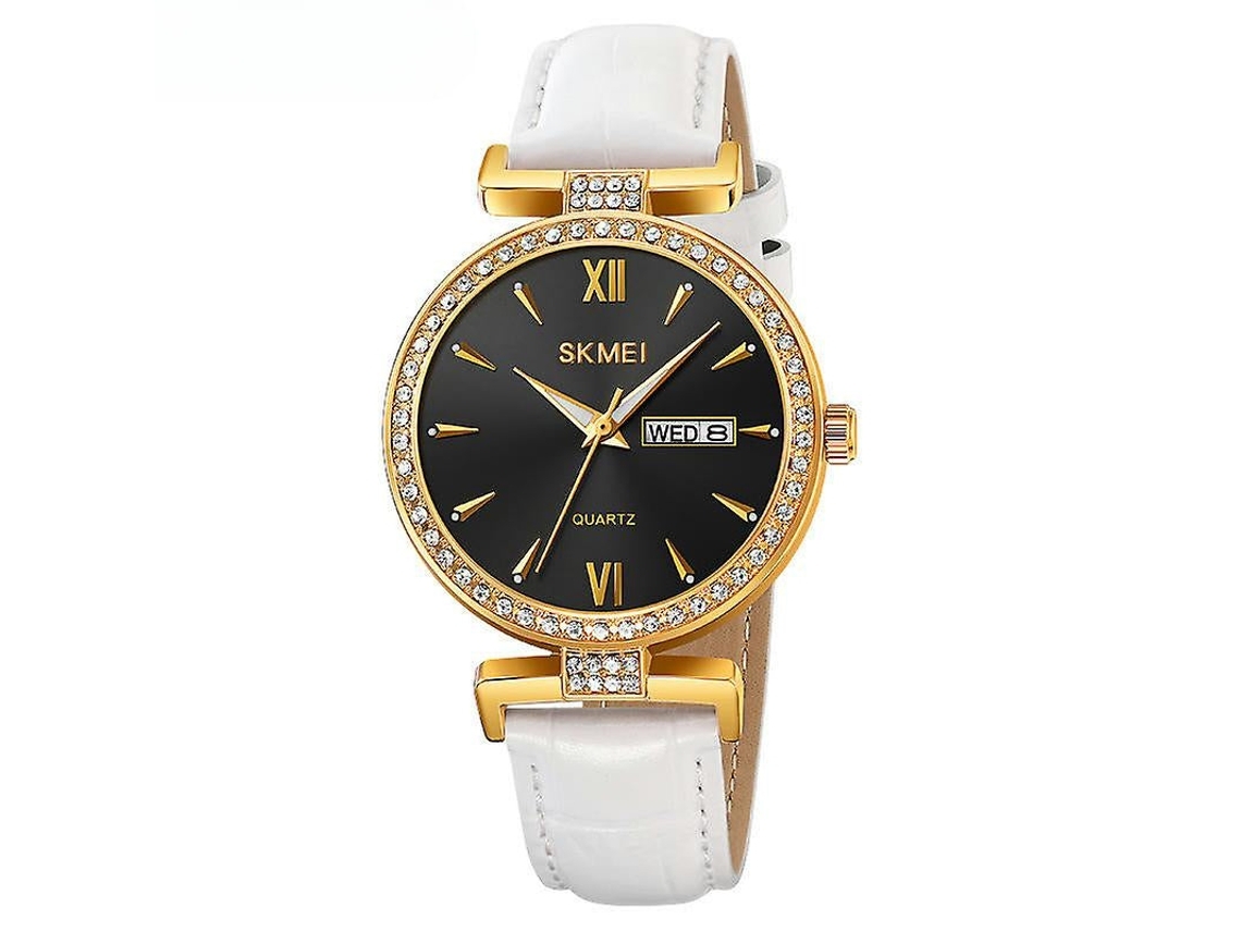 Reloj de pulsera analógico de cuero para mujer, resistente al agua, con diamantes, fecha, concha de oro negro, cinturón blanco