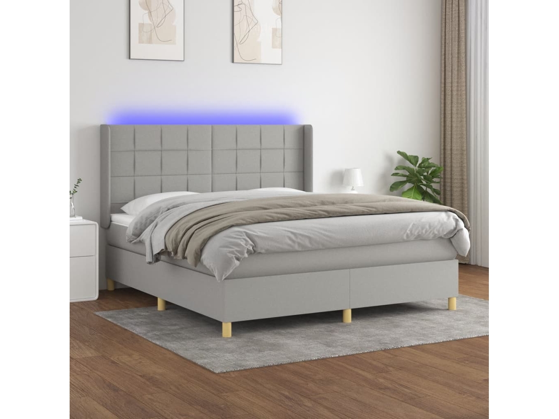 Cama Box Spring Colchón Y Luces Led Tela Gris Claro 160x200 Cm