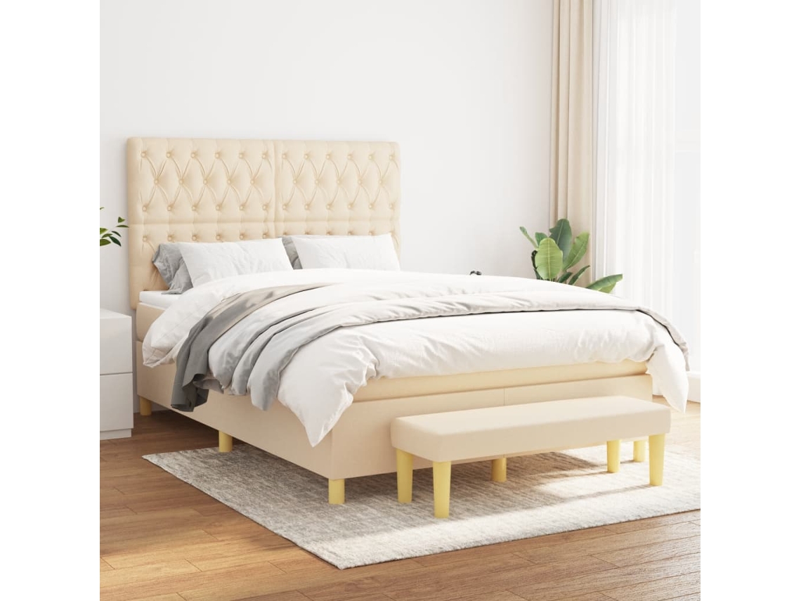 Cama Box Spring Con Colchón Tela Color Crema 140x190 Cm