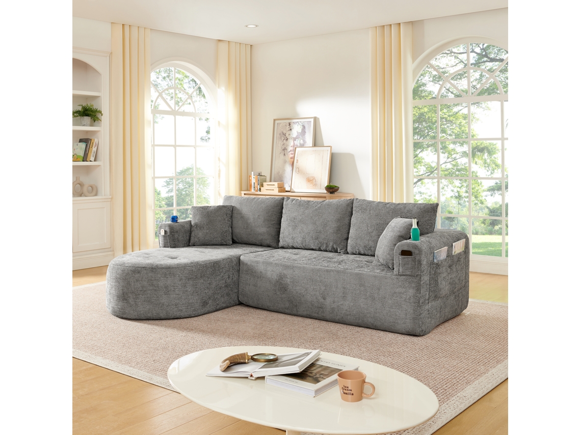 Sofá esquinero en L de 3 plazas - Cloud Couch, sin montar, portavasos de acero inoxidable, tejido de lino transpirable, bolsillos laterales - gris