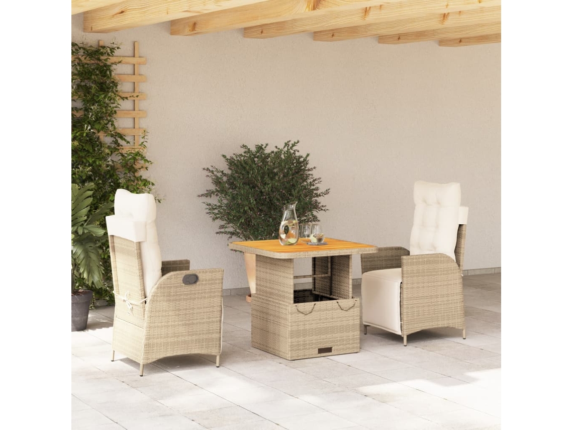 Juego de comedor de jardín de 3 piezas con cojines, mimbre sintético beige, Dkd Home Decor