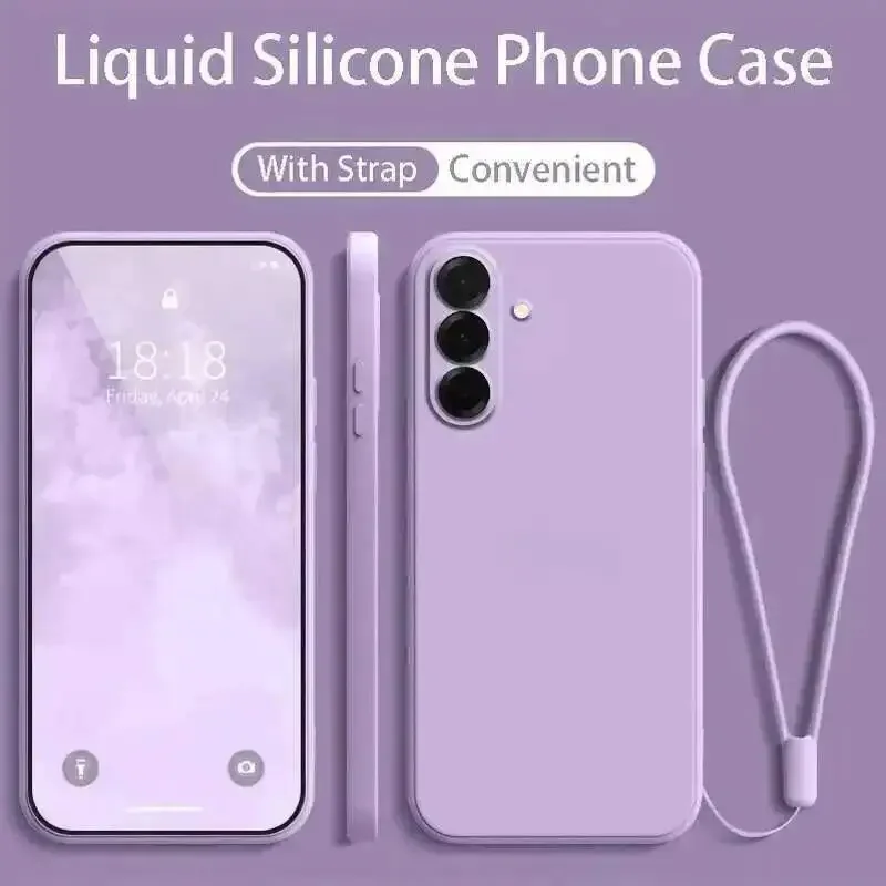 (galaxy S26 Morado) Funda De Silicona Líquida Para Teléfono Samsung Con Correa Para La Muñeca Y Cordón.