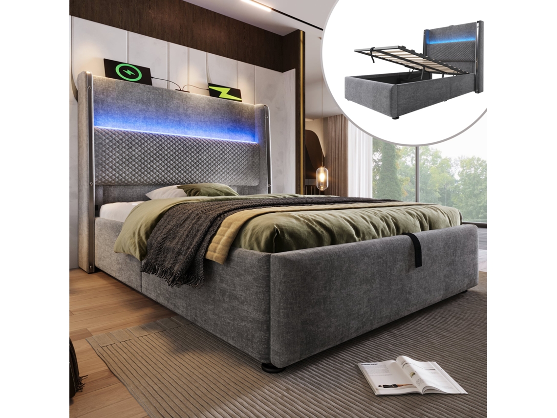 Cama Hidráulica, Gris, 90x200 Cm, Led, Usb-c, Cabecero Alto.