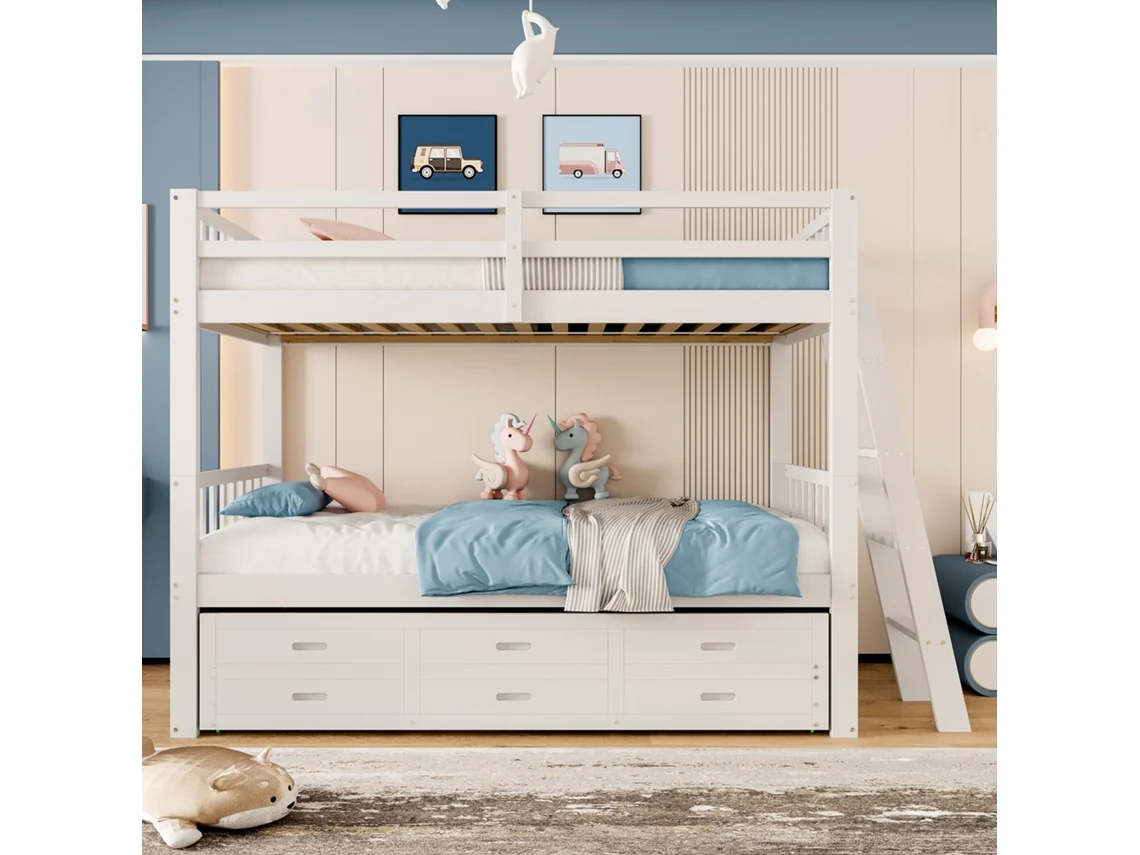 Litera de 90x200 cm con cama supletoria y 3 cajones en madera maciza de pino y MDF blanco.
