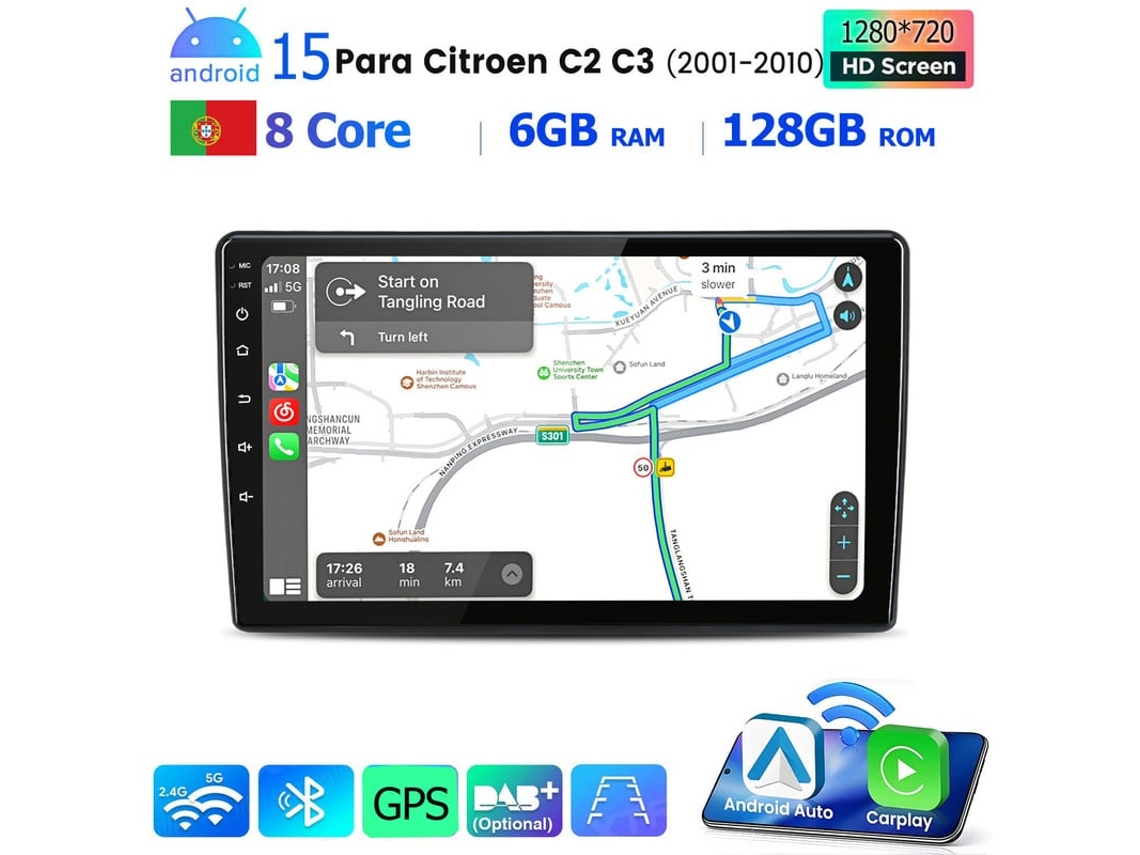Gps Rádio Android Multimédia V1 Para Citroën C2/c3 2001 2010 4g Wi Fi Carplay Android Auto Sem Fios 128gb 8 Núcleos