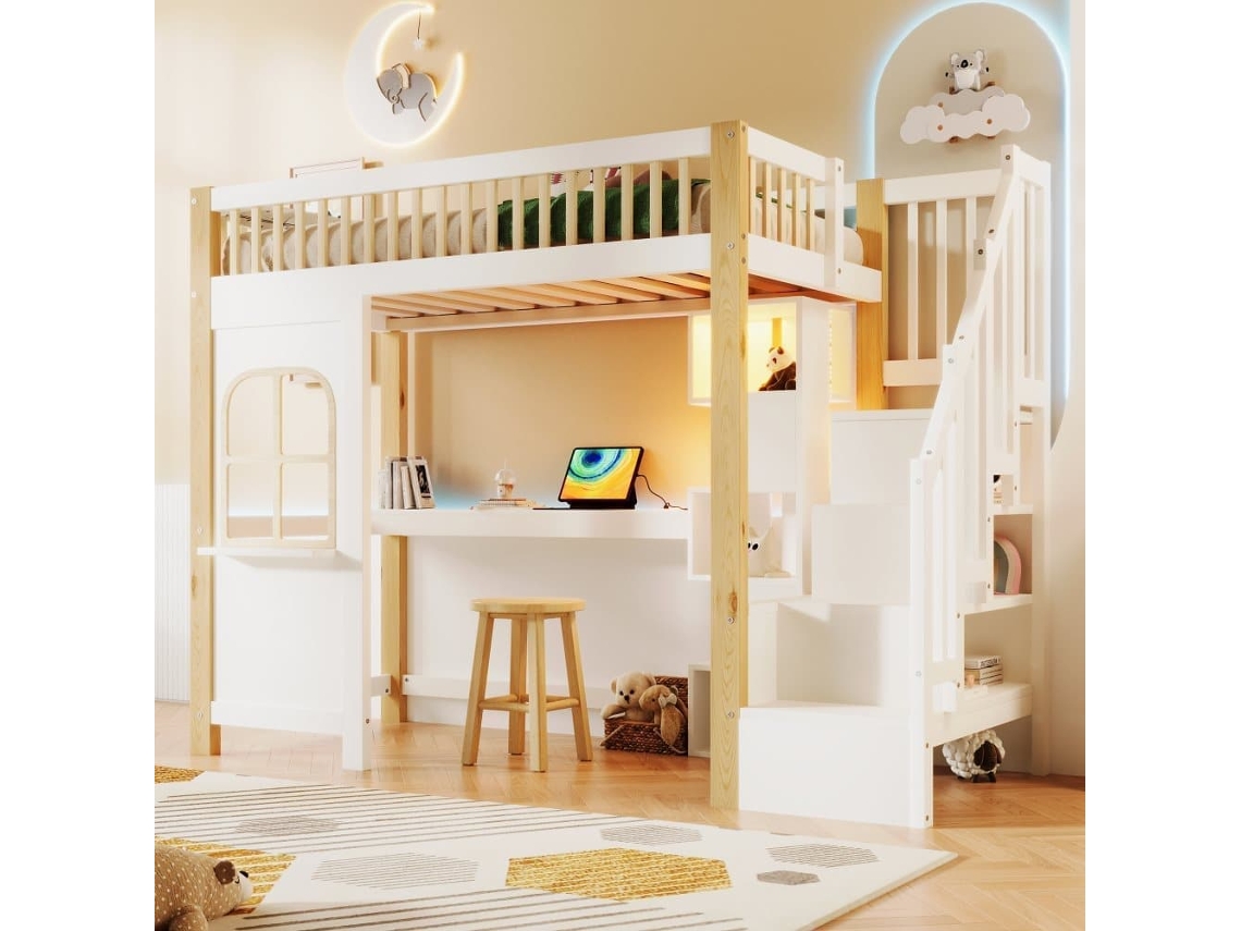 Cama Alta 90x200 Cm - Con Luces Led, Ventana, Escalera Con Almacenamiento, Escritorio, Enchufe - Blanco+natural