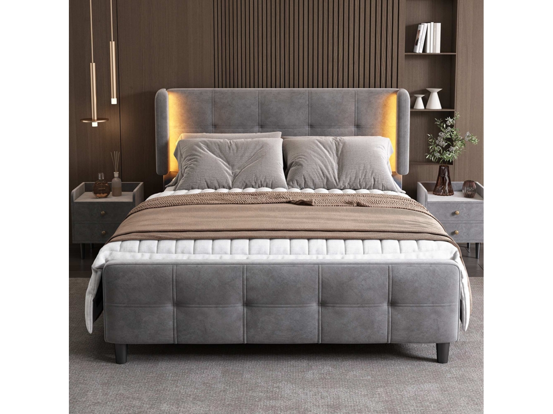 Cama doble de 140 x 200 cm con LED de 16 colores, cabecero y patas acolchados, metal, altura regulable, Mobrio gris