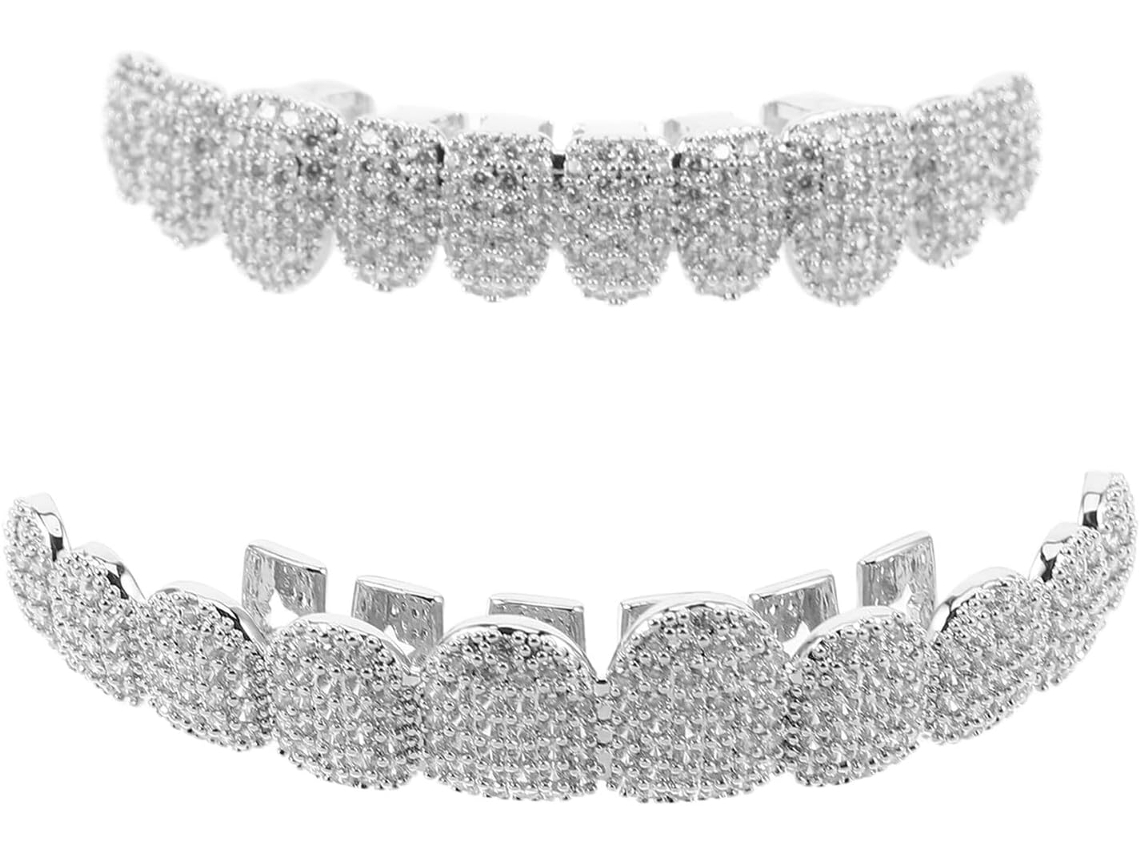 Parrillas Dentales De Cristal Plateado Para Hombres Y Mujeres, Corona Completa Con Brillo Deslumbrante
