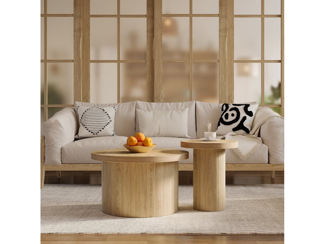 Mesa De Centro Doble Redonda - Mesa Auxiliar Con Listones De Madera Natural - Natural