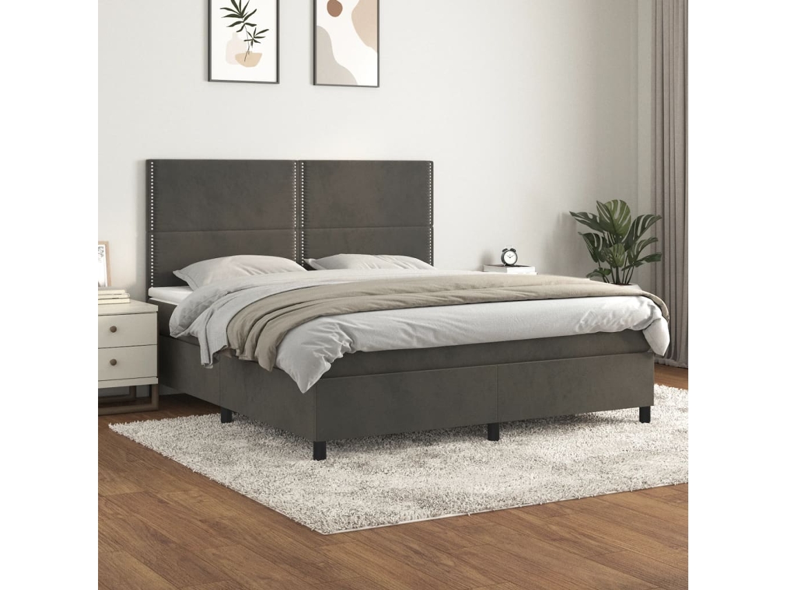 Cama Box Spring Con Colchón Terciopelo Gris Oscuro 180x200 Cm