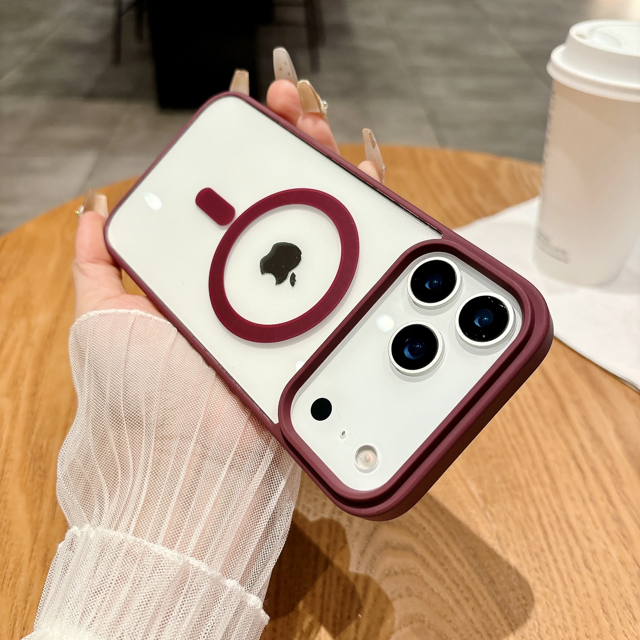 (color Vino Tinto, Iphone 15 Pro Max) Funda Sencilla De Acrílico Transparente Para Teléfono, Compatible Con Carga Inalámbrica Magnética, Textura Mate.