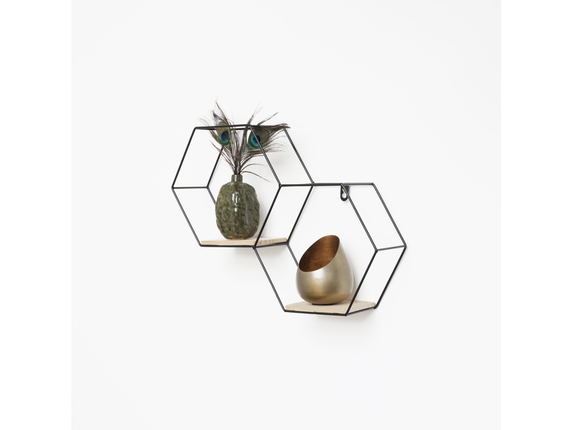 Estantería De Pared Doble Hexagonal De Metal - 30,5 X 41 Cm - Negra