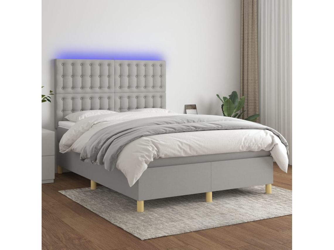 Cama Box Spring Colchón Y Luces Led Tela Gris Claro 140x200 Cm