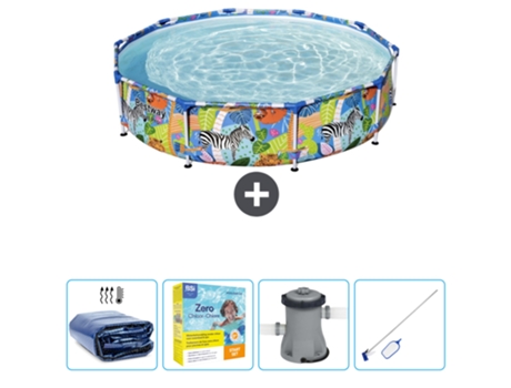 Piscina BESTWAY Round Steel Pro - 305 x 66 cm - Estampado Selva - Incluida Vela solar - Paquete de mantenimiento - Bomba - kit de limpieza