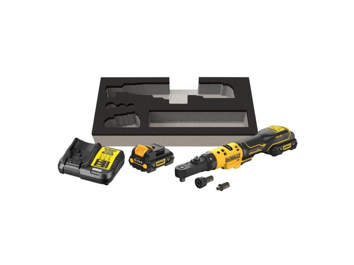 Llave de Catraca Sin Escobillas DEWALT Xr 12V 2 Baterías de 3 0Ah Cabezas Intercambiables de 1/4' 3/8' y Porta-Bits Hexagonal de 1/4' Dcf
