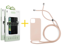 Pack 2 X Película de Vidrio Templado Antiespia + Funda GANDY por Apple iPhone 16 Gel con Cordón Rosa Pastel